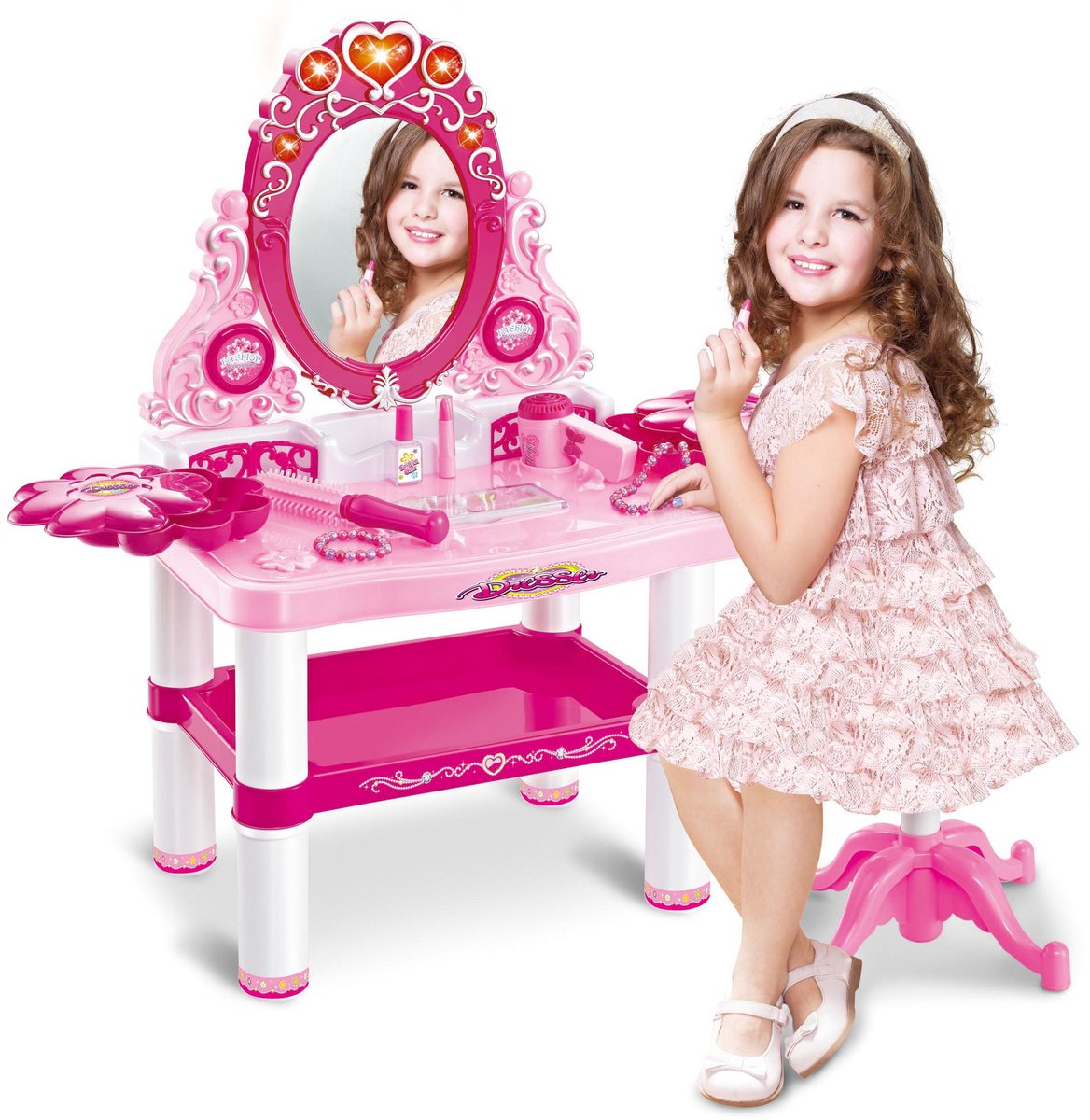   Kaptafel Met Krukje - Tafelset Dresser Dream 3+ | Inclusief accessoires | 60x32x75cm